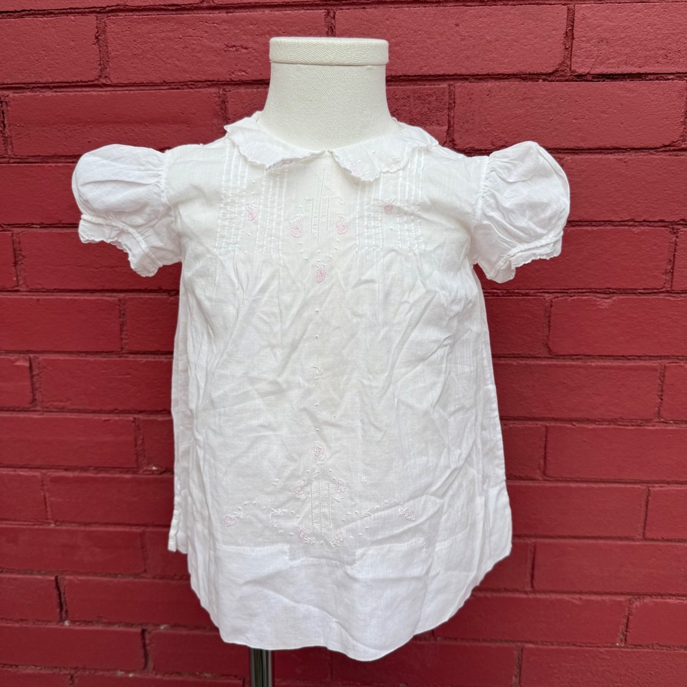 Vtg Dress Infant Size 12M White Strawberry Embroidery‎ Ruffle Collar Handmade
